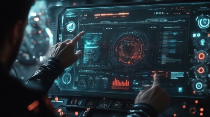 A person using a futuristic HUD interface, KPIs, BI, technology, and data