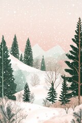 Obraz premium A magical detailed and fabulous winter landscape with soft colors and green fir trees.
