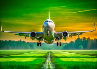 Naklejka premium Aerial View of a Commercial Jet Plane Taking Off with Landing Gear Down Against a Vibrant Green Background, Capturing the Moment of Departure in Stunning Detail