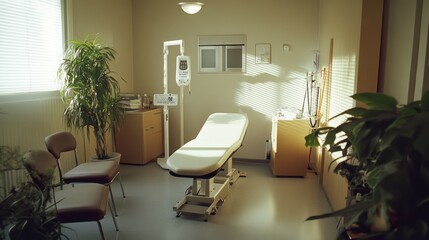 Fototapeta premium Wide-angle view of a physiotherapy clinic showcasing a treatment bed, ultrasound machine, magnetic therapy equipment, and greenery, creating a serene and professional healthcare environment.