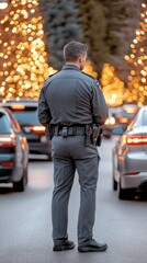 A police officer stands overlooking a busy city street lined with vibrant autumn trees and towering skyscrapers as traffic moves through the urban landscape
