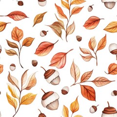 Autumn Watercolor Leaves and Acorns Seamless Pattern