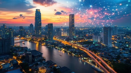 Obraz premium Abstract Bangkok city background with wireless network and connection technology concept