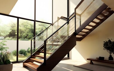 Modern staircase in a bright interior with large windows and greenery outside.