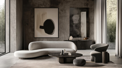 A modernist living room  with a mid-century-inspired sofa, a vintage record player, and bold abstract art, captured in black and white to emphasize the graphic quality of the design and the interplay 