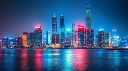 Fototapeta premium Futuristic City Skyline at Night, vibrant neon lights illuminating sleek architecture, showcasing a blend of innovation and modern urban life in a stunning nocturnal landscape
