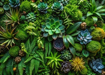 Fototapeta premium Aerial View of a Lush Vertical Garden Featuring Various Green Succulents and Ferns for a Dense and Textured Green Wall in Minimalist Photography Style