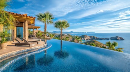 Fototapeta premium Luxurious resort with an infinity pool, surrounded by palm trees, offering breathtaking views of the ocean, perfect for relaxation and tropical getaways.