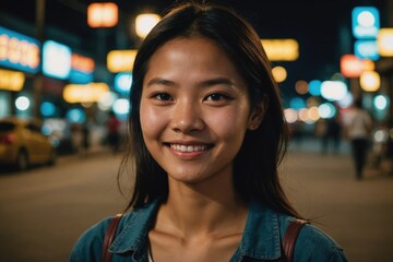 Close portrait of a smiling young Lao woman looking at the camera, Lao city outdoors at night blurred background