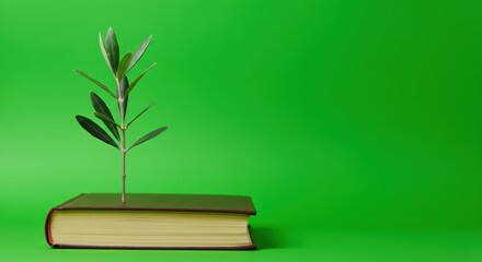 Small tree growing from closed book on green background