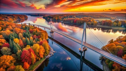 Obraz premium Aerial View of a Stunning Cable-Stayed Bridge at Sunrise Over a River Surrounded by Vibrant Autumn Foliage in a Serene Landscape for Nature Enthusiasts and Photographers