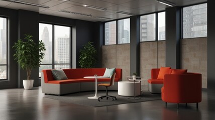 Modern office lounge with orange modular seating, round tables, and city view.
