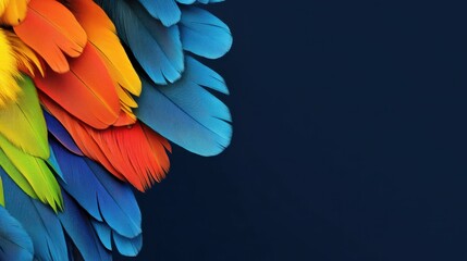 Obraz premium Blue background with colored feathers of vibrant parrot.