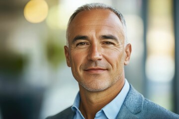 Naklejka premium Headshot close up portrait of America or Europe confident mature good looking middle age leader, ceo male businessman on blur office background. Handsome hispanic senior business man smiling at camera