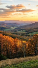 Fototapeta premium Scenic Overlook of Rolling Hills at Golden Hour, a breathtaking vista capturing the warm glow of sunset illuminating lush valleys and undulating landscapes, nature's serene beauty
