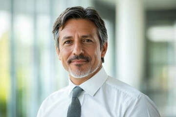 Fototapeta premium Headshot close up portrait of America or Europe confident mature good looking middle age leader, ceo male businessman on blur office background. Handsome hispanic senior business man smiling at camera