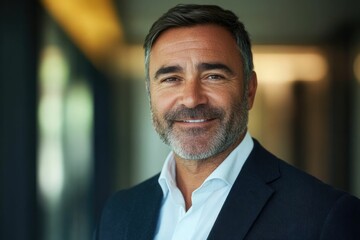 Fototapeta premium Headshot close up portrait of America or Europe confident mature good looking middle age leader, ceo male businessman on blur office background. Handsome hispanic senior business man smiling at camera