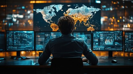 Man working in command center with glowing digital world map on multiple monitors, global data analysis, cyber technology, futuristic surveillance, and network operations