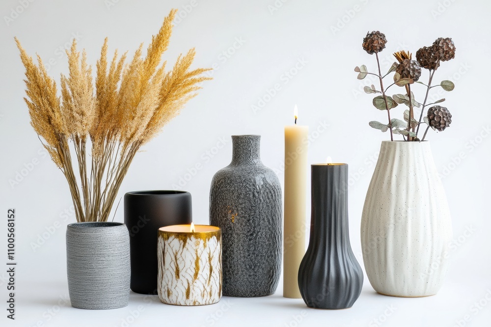 Poster A diverse selection of vases, candles, and small plants showcase modern home decor in a minimalist setting with a crisp white background. Generative AI