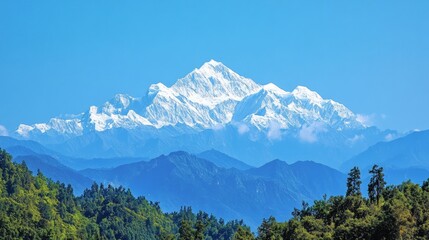 Majestic snow-capped mountains under a clear blue sky, an ideal backdrop for adventure narratives and travel inspirations, evoking a sense of exploration and beauty.