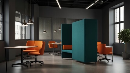 Modern office interior with teal dividers, orange chairs, and desks.