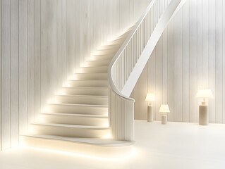 Obraz premium Elegant white staircase with ambient lighting in a minimalistic interior space.