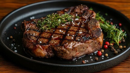 Closeup grilled Rib Eye Black Angus served with pepper and herbs on wooden background.