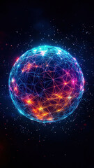 Fototapeta premium A colorful 3D wireframe sphere rotating slowly against a dark background, showcasing vibrant hues and intricate geometric patterns that create a mesmerizing visual effect.