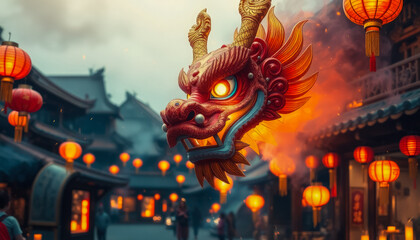 A golden dragon statue in a traditional Chinese street adorned with glowing red lanterns, celebrating Chinese New Year.