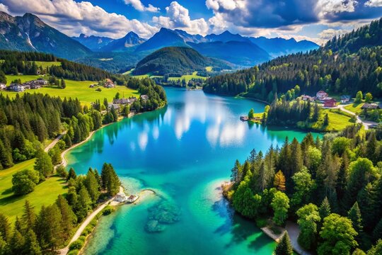 Aerial View of Lago Polux: Captivating Blue Waters Surrounded by Lush Greenery and Scenic Landscapes, Perfect for Nature and Travel Enthusiasts