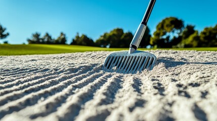 A golf course’s bunker rake leaning against the sand trap with detailed sand texture, outdoor setting with clear blue sky, Precise style