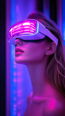 Fototapeta premium A woman wearing a virtual reality headset with purple lights