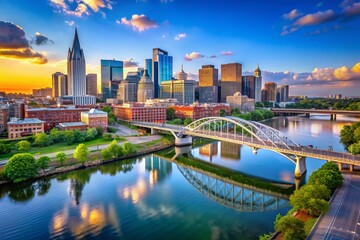 Obraz premium Aerial View of Nashville's Iconic Skyline with Pedestrian Bridge Overlooking the Riverfront, Capturing the Dynamic Urban Landscape and Scenic Beauty of Music City