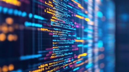 Concept of digital technology. Computer code on a virtual interface screen, data mining, digital software development.