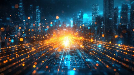 Obraz premium Conceptual design for a glowing digital city background. Future and technology