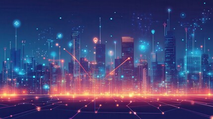 Obraz premium Conceptual illustration of a smart city at night, application development, Internet of things, smart life, information technology, gradient grid line, and metaverse connection technology