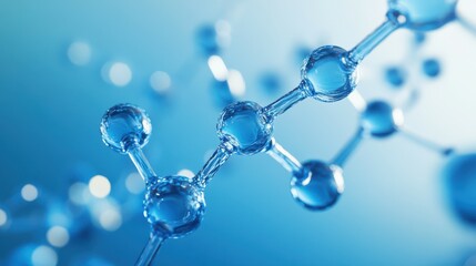 Cosmetic or medicine molecule structure with blue atoms connected by bonds, on blue background. Hyaluronic acid atom structure