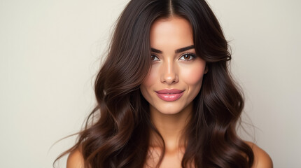 Fototapeta premium Confident woman with voluminous dark hair shines against a neutral backdrop, showcasing her hair's beauty and style