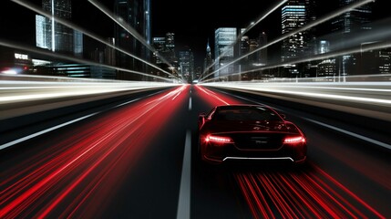 Fototapeta premium Urban Night Traffic Lights on a Fast Highway with Motion Blur Vehicle Scene