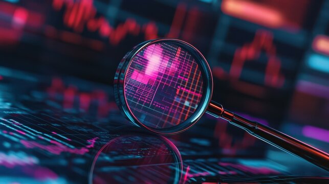 Detecting data anomalies; search engine optimisation or SEO. Magnifiers, charts, graphs, UV-neon screens. Generative stock.