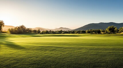 Naklejka premium A golf course's manicured fairway, outdoor setting with distant hills, Serene style
