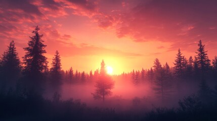 Fototapeta premium Red Sky Sunset Over Misty Pine Forest Trees