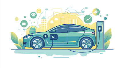Naklejka premium An electric vehicle (EV) charging at a station, symbolizing sustainable transportation, ESG goals, and clean energy initiatives in urban environments
