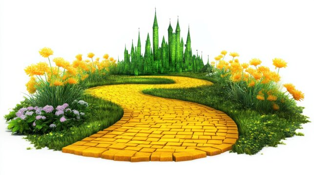 enchanted yellow brick road leading to magical emerald city in springtime , fantasy, oz, magicians isolated on white background, space for captions,