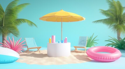 Fototapeta premium Beach scene with yellow umbrella. Two deck chairs surround white cylinder. Sunscreen bottles sit on top. Inflatable, beach ball nearby. Palm trees, plants create summer vibe. Minimalist product