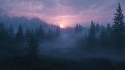 Obraz premium Misty Forest Sunset With Silhouetted Trees