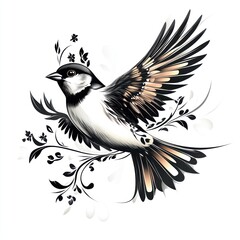 Obraz premium A stylized illustration of a bird in flight surrounded by floral elements.