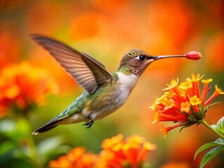 Fototapeta premium A Hummingbird in Flight Feeding on a Vibrant Orange Flower with Delightful Tilt-Shift Effect Capturing Nature's Beauty and Intricacies in a Miniature World