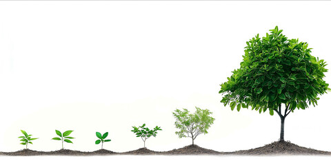 from small plant to a medium size plant to a big tree a transaction of tree life white background paint