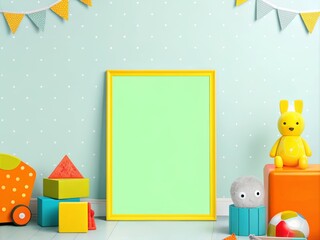 Fototapeta premium Modern nursery with a white crib, pastel decor, starry wallpaper, and a blank poster for mockup